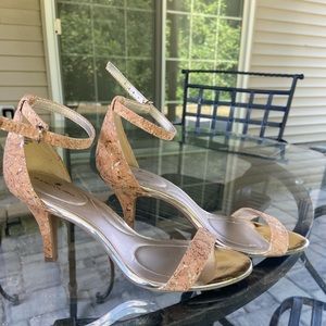 Bandolino cork print strap heels